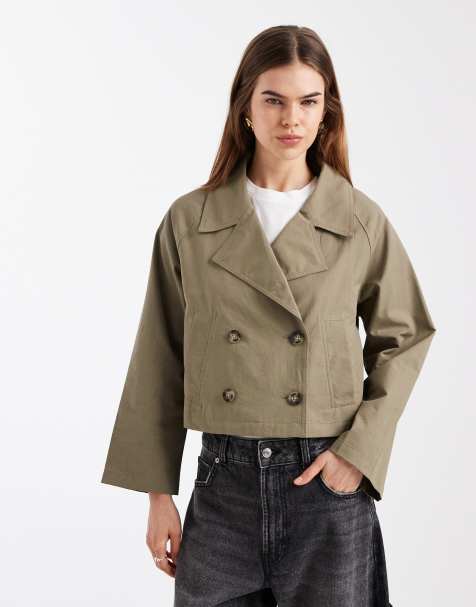 Mango Teen cotton rich cropped trench coat in khaki