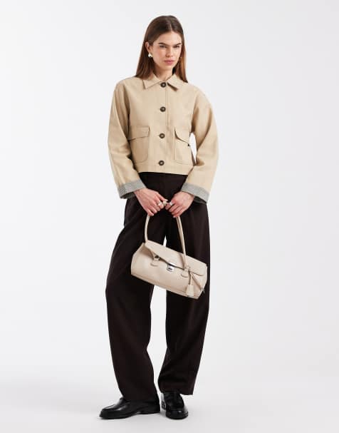 Mango Teen cotton rich cropped trench coat with contrast sleeve in beige