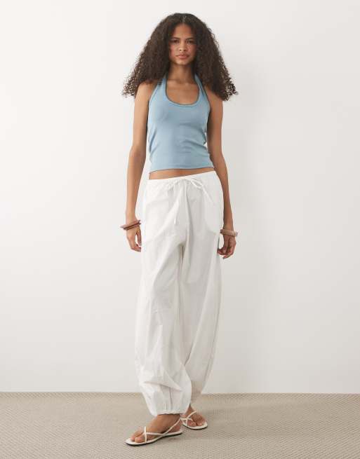 Mango Teen cotton rich halterneck top with stitch detail in blue, 2 of 4