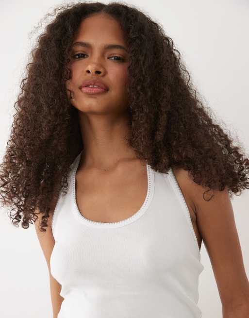 Mango Teen cotton rich halterneck top with stitch detail in white, 3 of 4