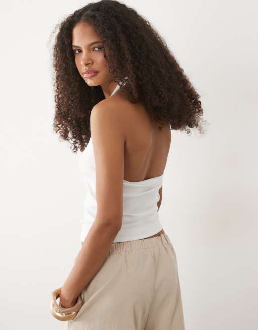 Mango Teen cotton rich halterneck top with stitch detail in white, 4 of 4