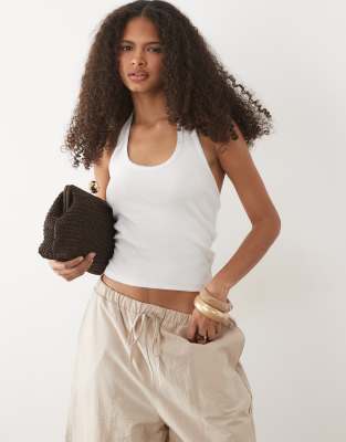 Mango Teen cotton rich halterneck top with stitch detailing in white