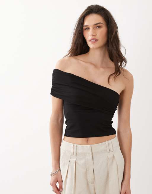 Mango Teen cotton rich one shoulder top in black, 2 of 4