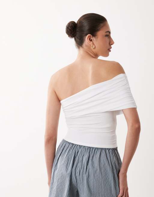 Mango Teen cotton rich one shoulder top in white, 4 of 4