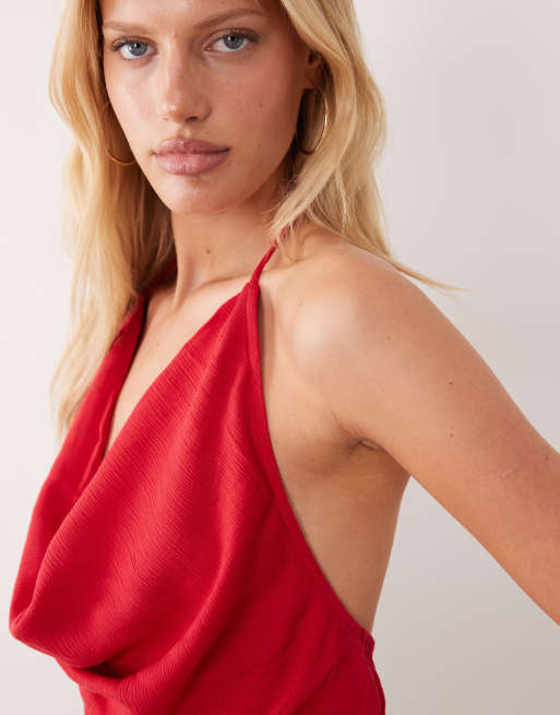 Mango Teen cowl halter neck top in red, 3 of 4