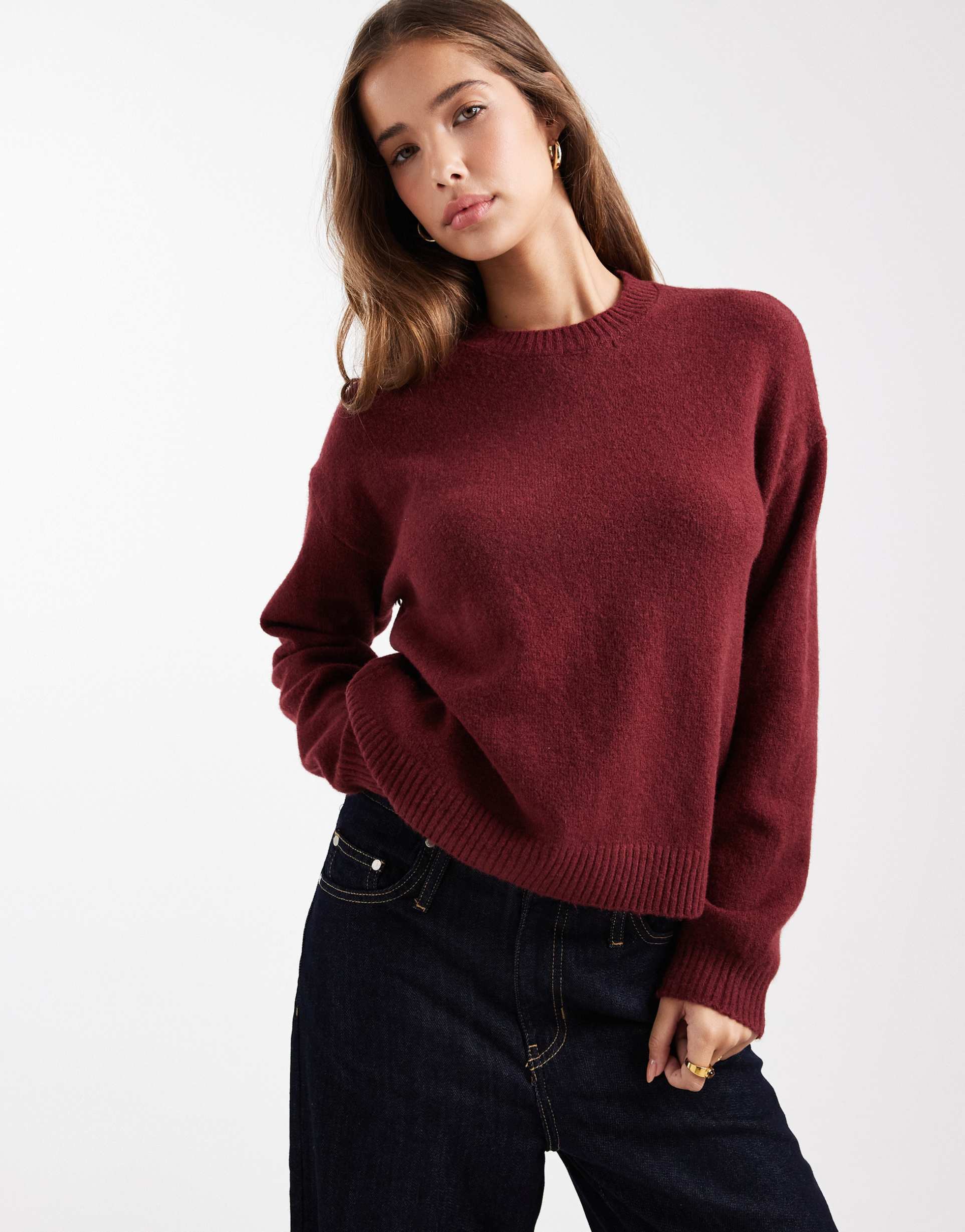 mango teen crew neck knit sweater in burgundy