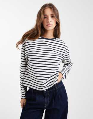 Mango Teen crew neck top in navy stripe-Black