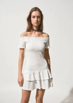 Mango Teen crinkle off shoulder mini dress with ruffle hem in white