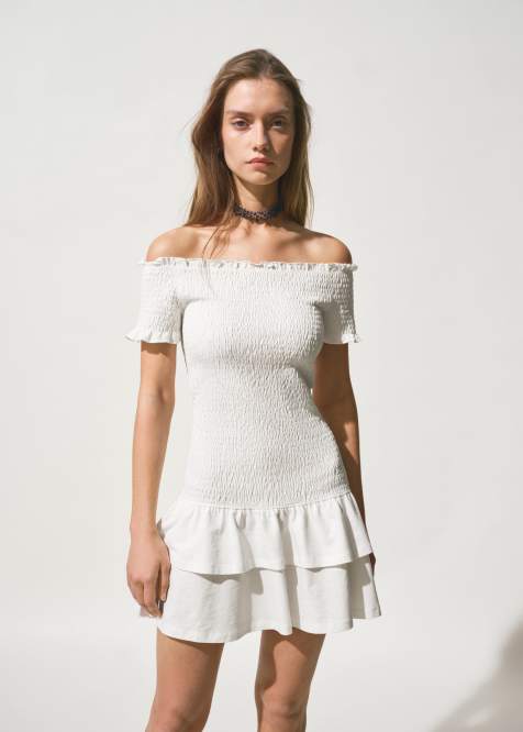Mango Teen crinkle off shoulder mini dress with ruffle hem in white - view 1