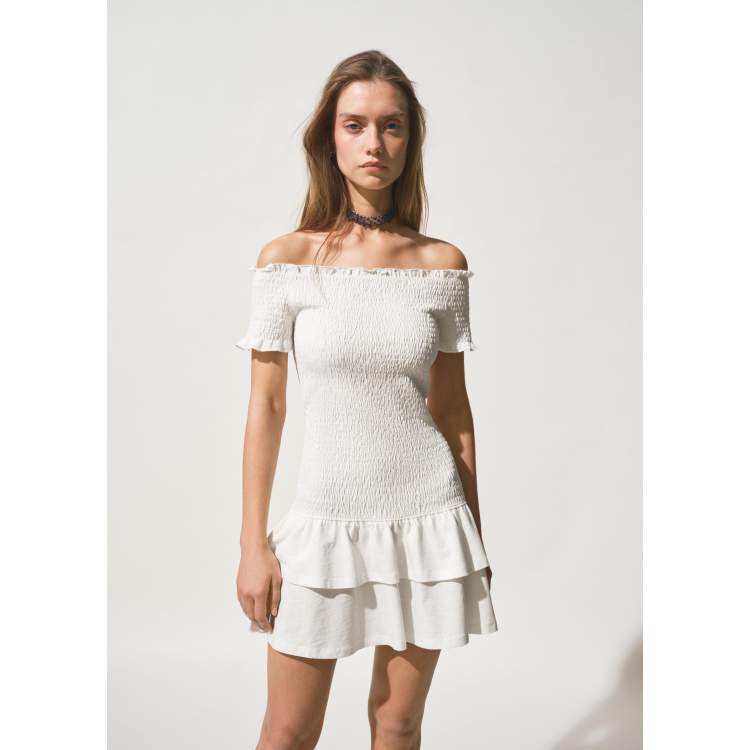 Mango Teen crinkle off shoulder mini dress with ruffle hem in White