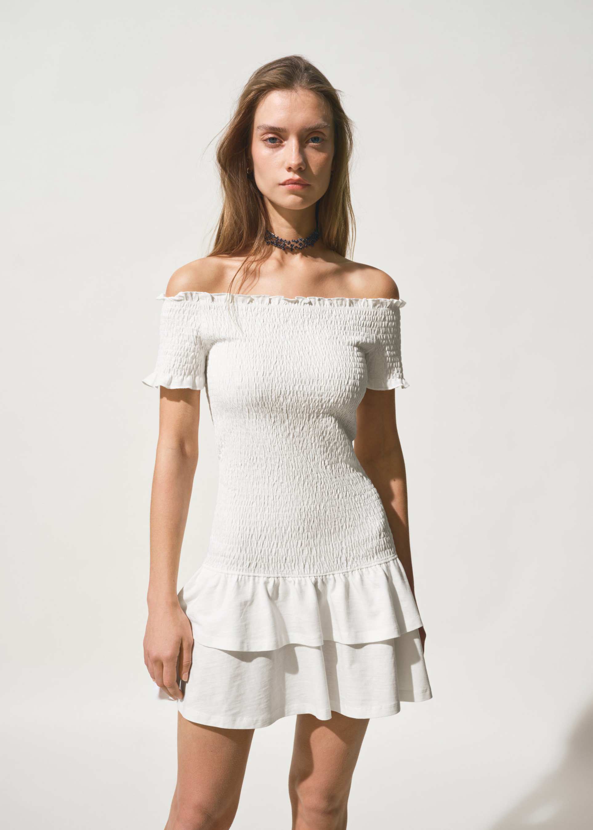 mango teen crinkle off shoulder mini dress with ruffle hem in white