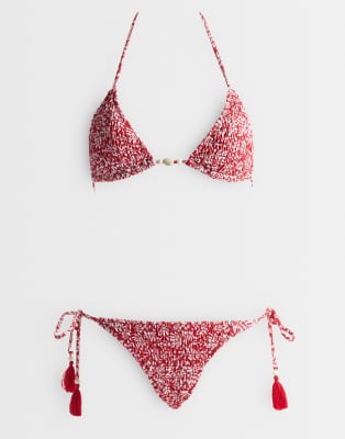 Mango Teen Crinkle Tassel Trim Bikini In Red