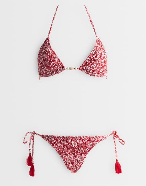 Mango Teen crinkle tassle bikini in red floral print - view 1