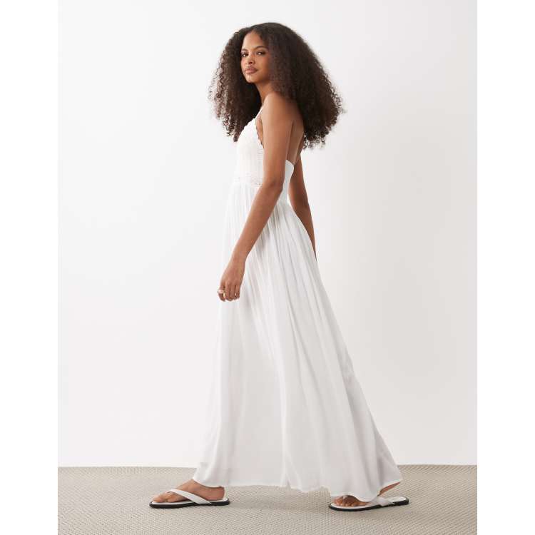 Mango Teen crochet detail halterneck maxi dress in white | ASOS