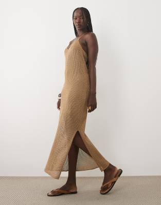 Mango Teen Crochet Halterneck Maxi Dress In Gold