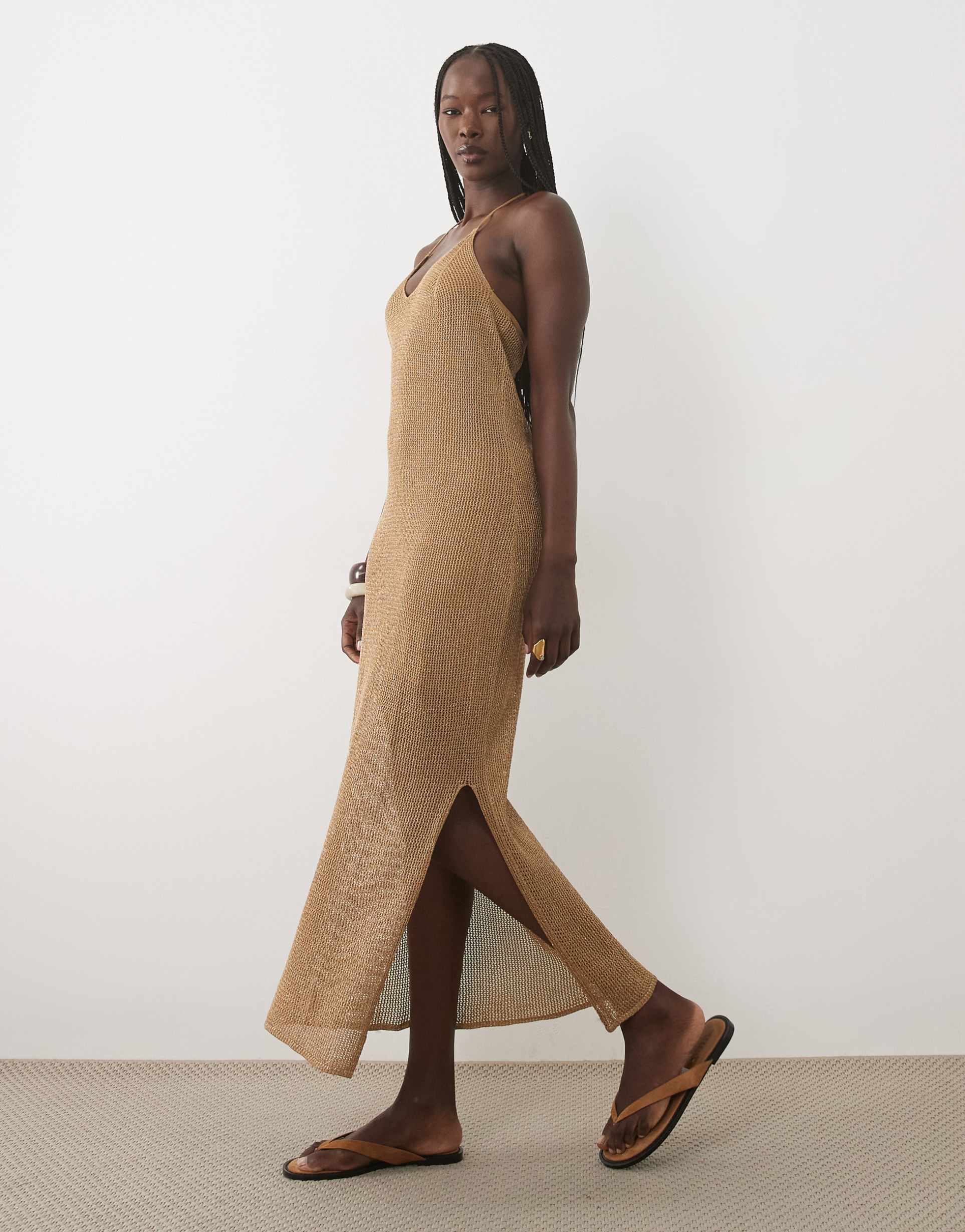mango teen crochet halterneck maxi dress in gold