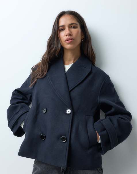 Mango Teen cropped trench i uldblanding i marineblå - view 1