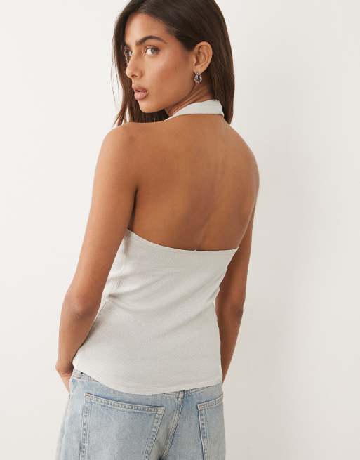 Mango Teen crossover plunge v-neck sleeveless top in silver, 4 of 4
