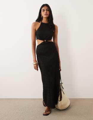 Mango Teen Cut Out Halterneck Embroidered Maxi Dress In Black