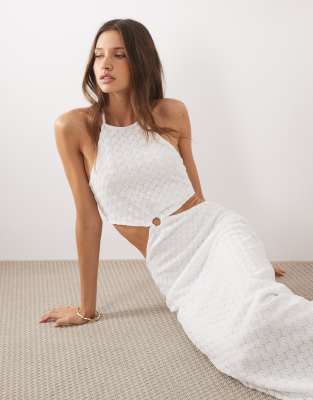 Mango Teen Cut Out Halterneck Embroidered Maxi Dress In White