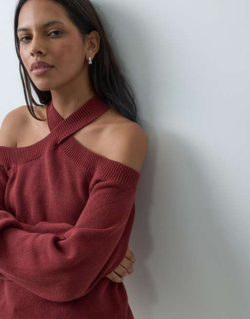 Mango Teen cut out jumper in deep red, 3 of 4