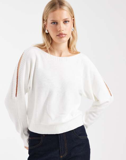 Mango Teen cut out long sleeve knitted top in white - view 1
