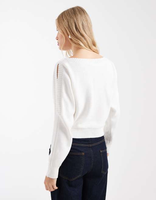 Mango Teen cut out long sleeve knitted top in white, 4 of 4
