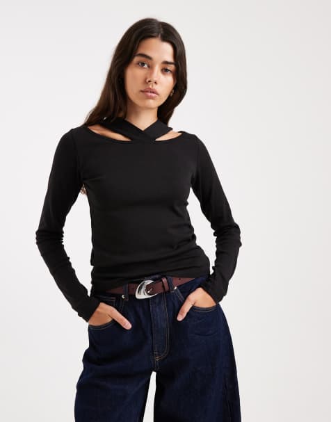 Mango Teen cut out long sleeve top in black - view 1