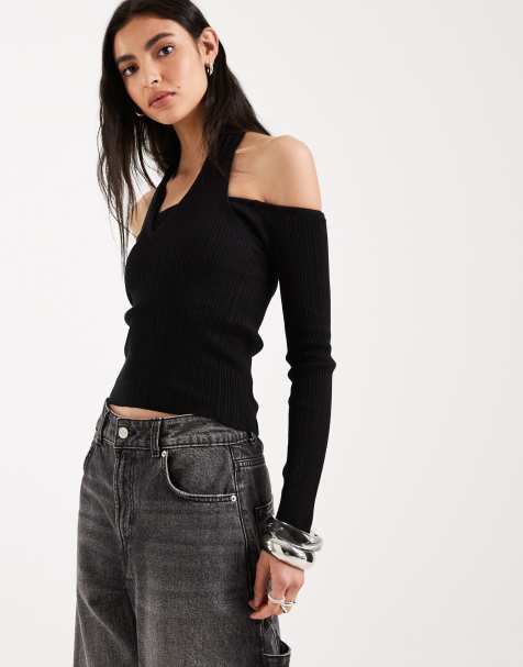 Mango Teen cut out long sleeve top in light black