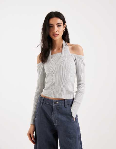 Mango Teen cut out long sleeve top in light grey - view 1
