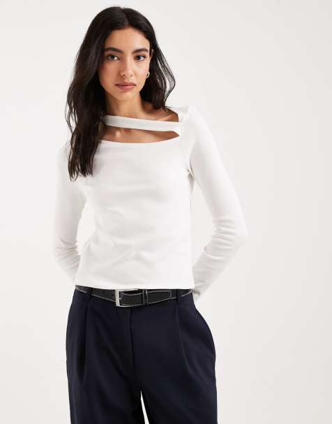 Mango Teen cut out long sleeve top in white