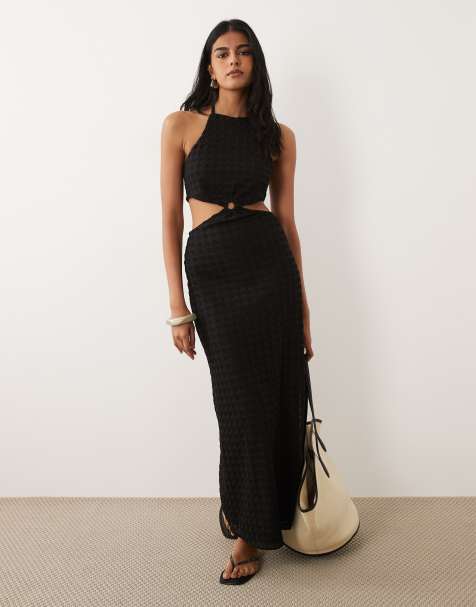 Mango Teen – Czarna sukienka maxi z dekoltem halter, wycięciem i haftowanym wzorem - view 1