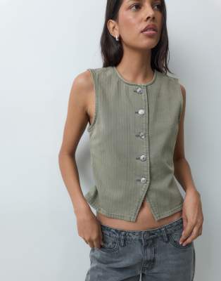 Mango Teen Denim Vest In Green