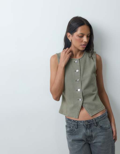 Mango Teen denim waistcoat in khaki, 4 of 4