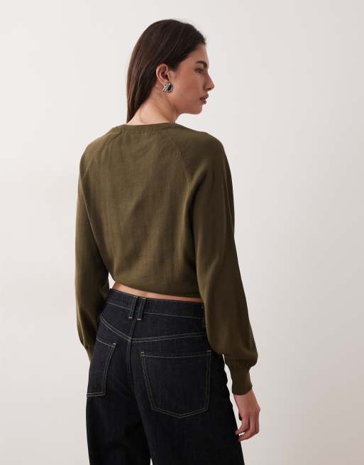 Mango Teen – Dzianinowy top z wiązaniem w kolorze khaki, 4 z 4