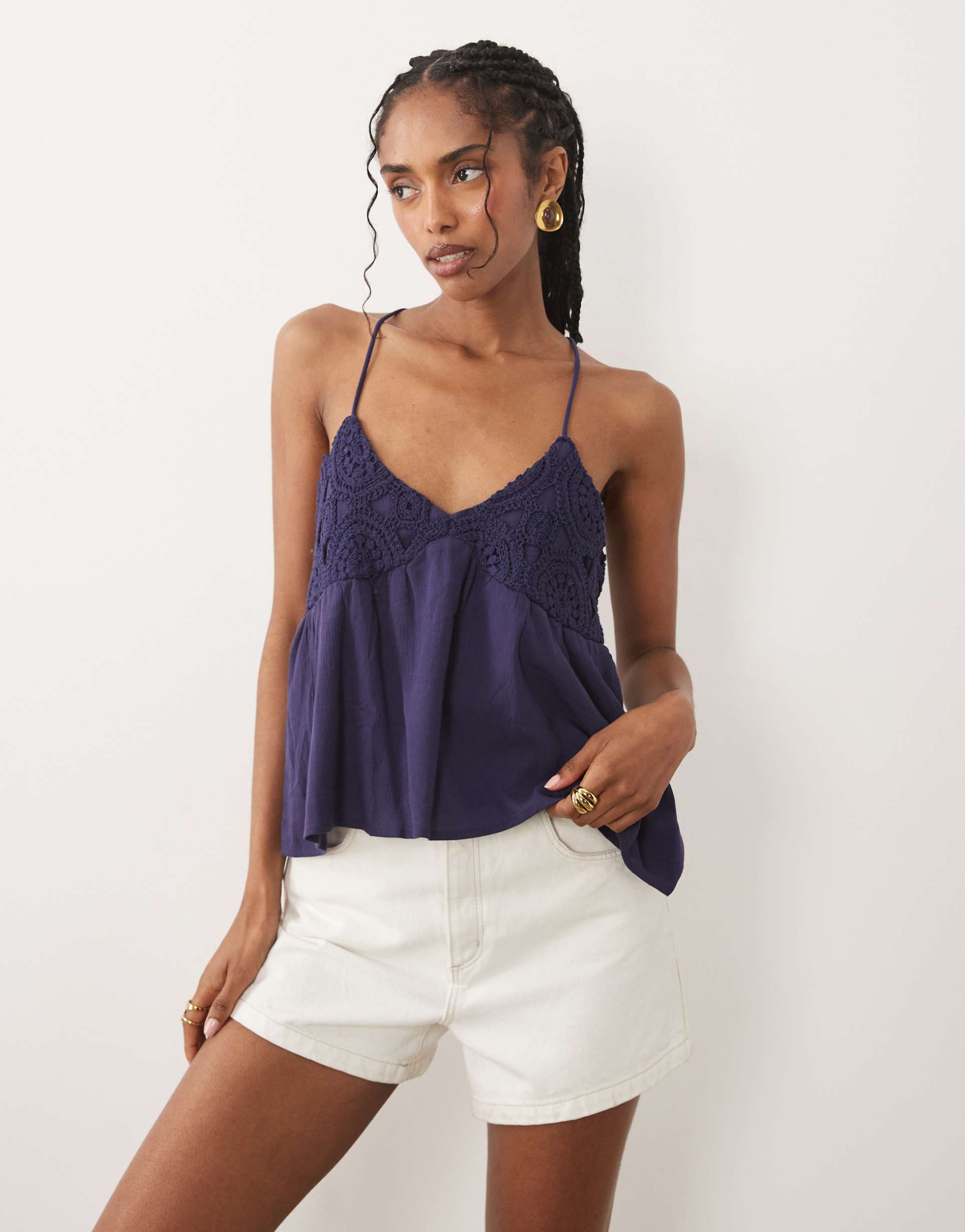 mango teen embroidered halterneck top in navy