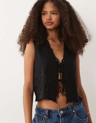 Mango Teen Embroidered Tie Front Vest In Black