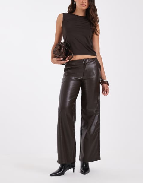 Mango Teen faux leather straight trouser in brown - view 1