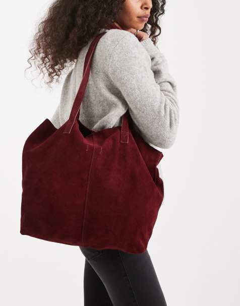 Mango Teen faux suede tote bag in burgundy - view 1
