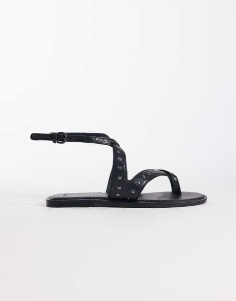 Mango – Teen – Flache Riemchensandalen aus 100% Leder in Schwarz mit Nietenbesatz - view 1