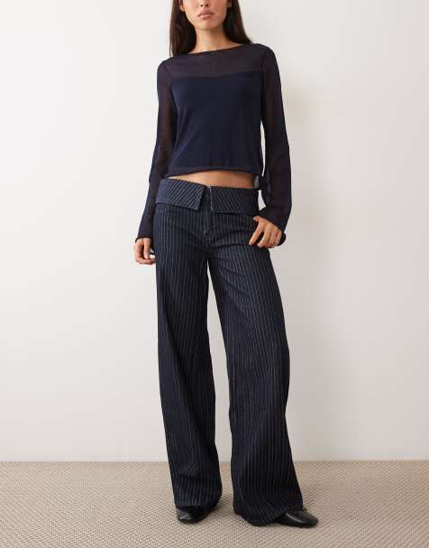 Mango Teen folded waist straight jean in indigo stripe print - view 1