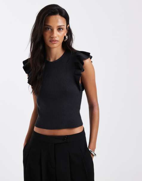 Mango Teen frill sleeve knitted top in charcoal - view 1