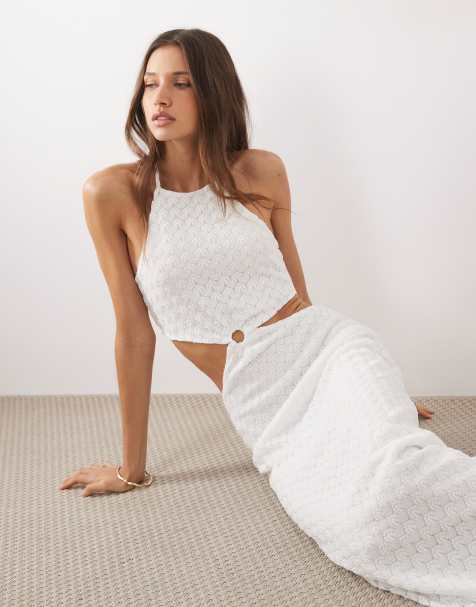 Mango - Teen - Geborduurde maxi jurk met uitsnijding en halternek in wit - view 1