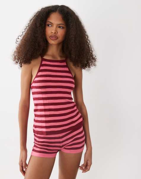 Mango - Teen - Gebreide co-ord set van gestreepte top met halternek en short in roze - view 1