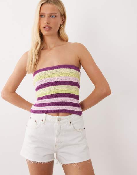 Mango - Teen - Gebreide gestreepte bandeau top in paars - view 1