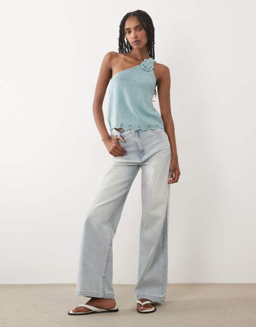 Mango - Teen - Gebreide top met blote schouder en rozet in pastelblauw, 2 van 4