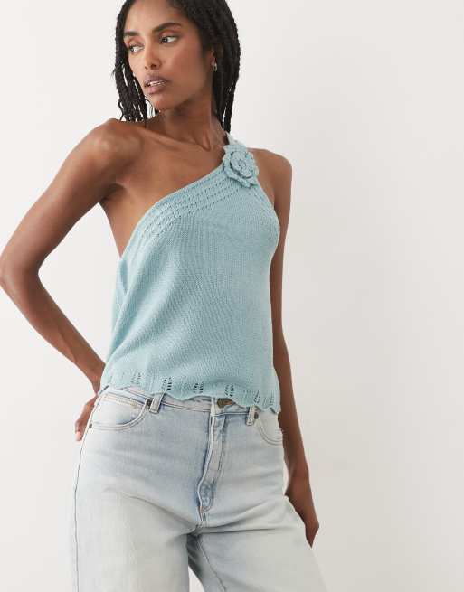 Mango - Teen - Gebreide top met blote schouder en rozet in pastelblauw, 3 van 4