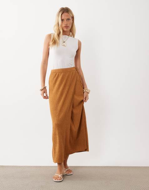 Mango Teen gerimpelde asymmetrische rok met strik aan de voorkant in honingkleur - view 1