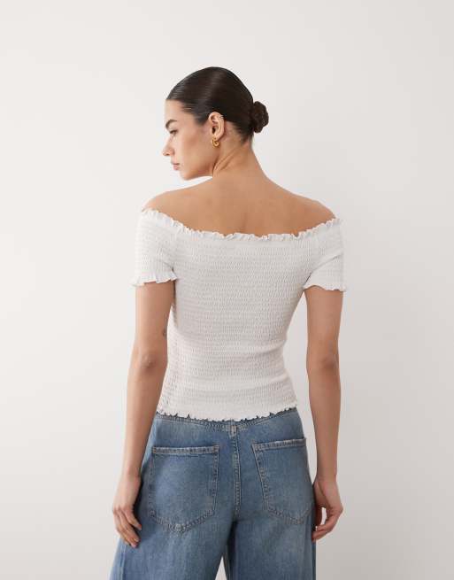 Mango - Teen - Gesmokte top met blote schouders in wit, 4 van 4