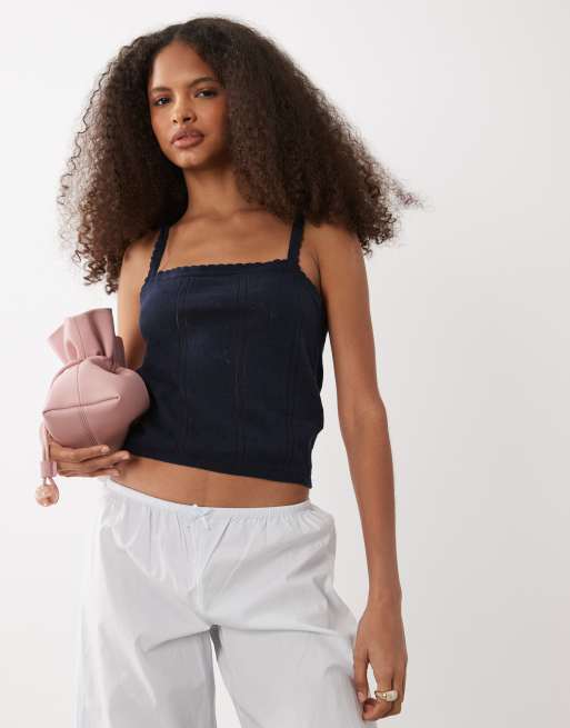 Mango Teen – Granatowy top na ramiączkach z dzianiny pointelle, 4 z 4